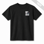 Front of black Built to Bomb youth baseball T-shirt with small white, pink and teal baseball graphic on the left chest.