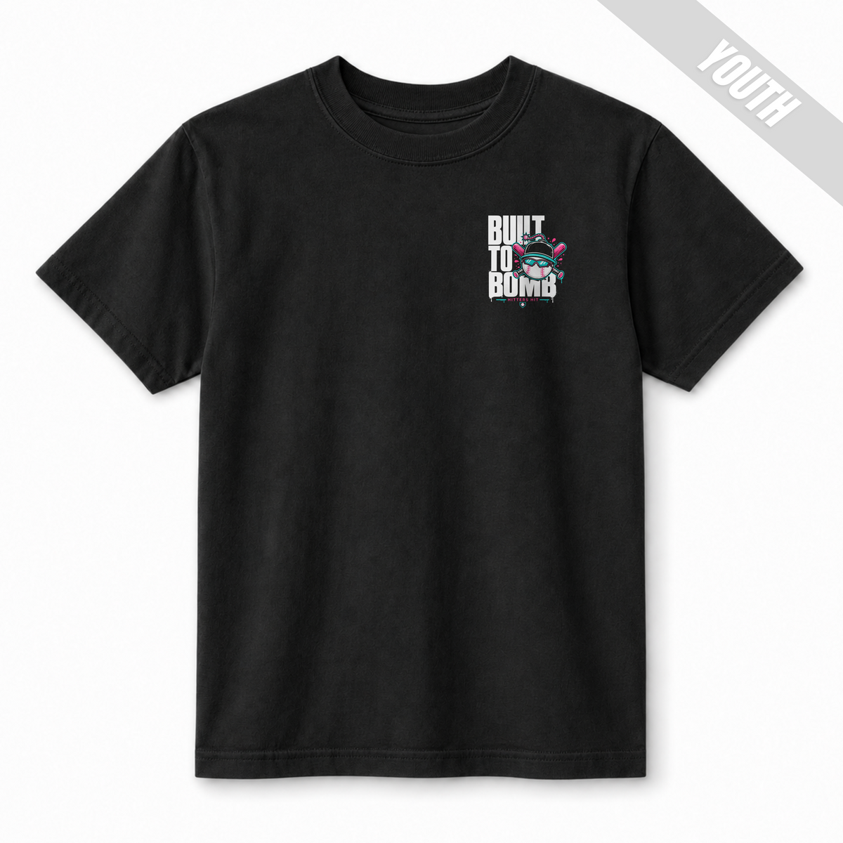 Front of black Built to Bomb youth baseball T-shirt with small white, pink and teal baseball graphic on the left chest.