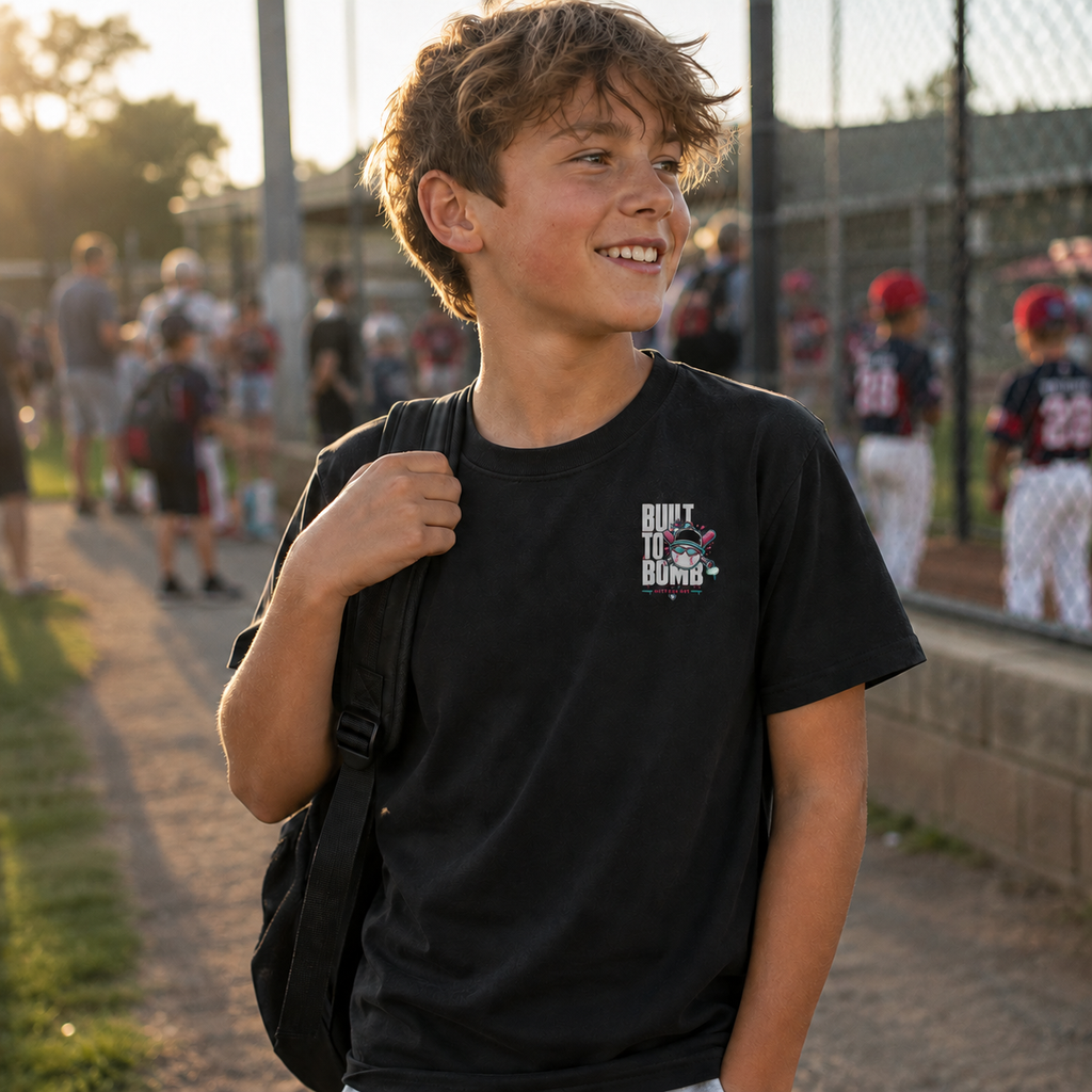 Preteen boy at a baseball field wearing a black Built to Bomb youth baseball T-shirt with the small white, hot pink, and turquoise left-chest graphic.