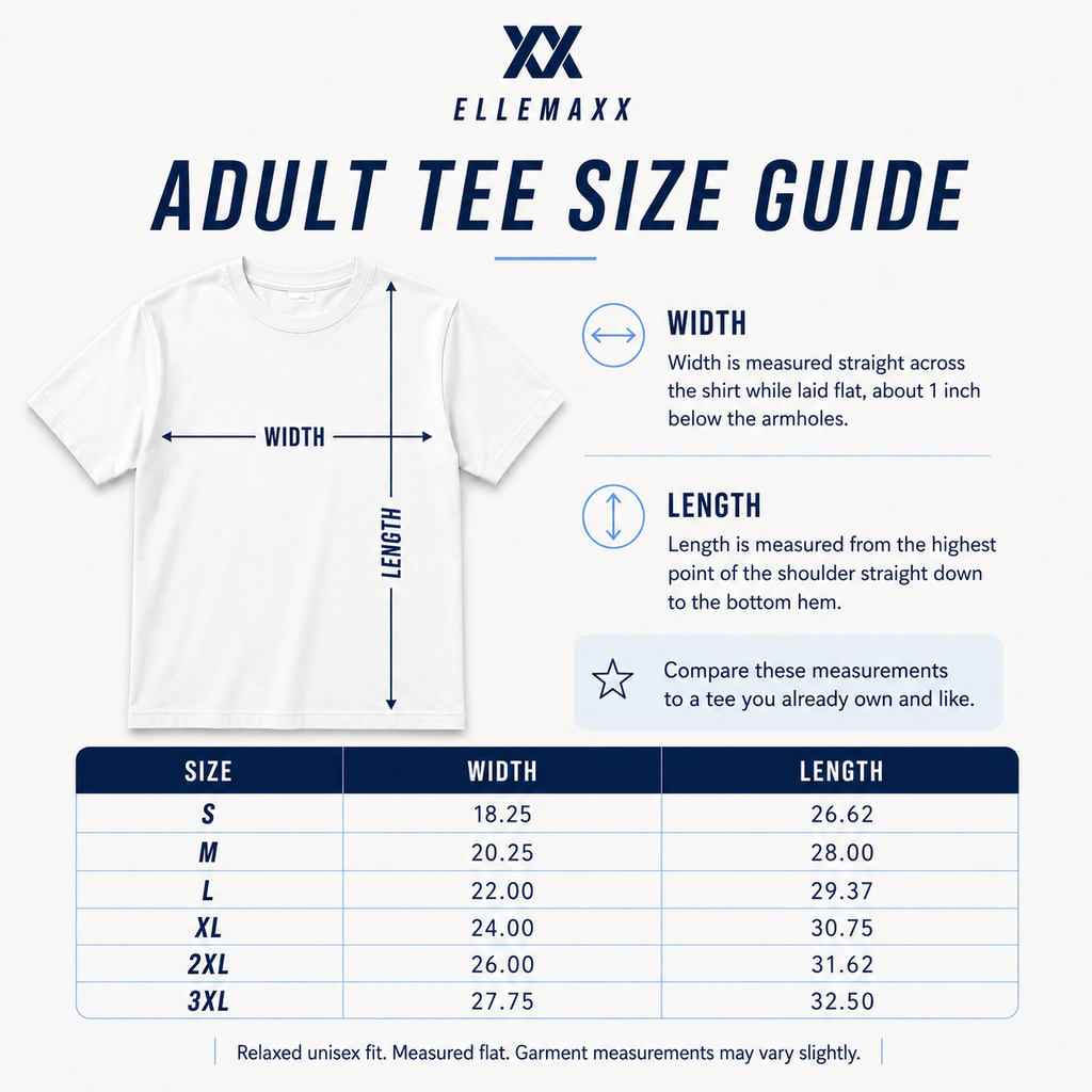 ElleMaxx adult T-shirt size chart showing width and length measurements for sizes S through 3XL with a relaxed unisex fit.