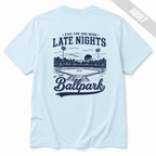 Chambray adult baseball T-shirt with navy Late Nights at the Ballpark vintage baseball graphic printed on the back.