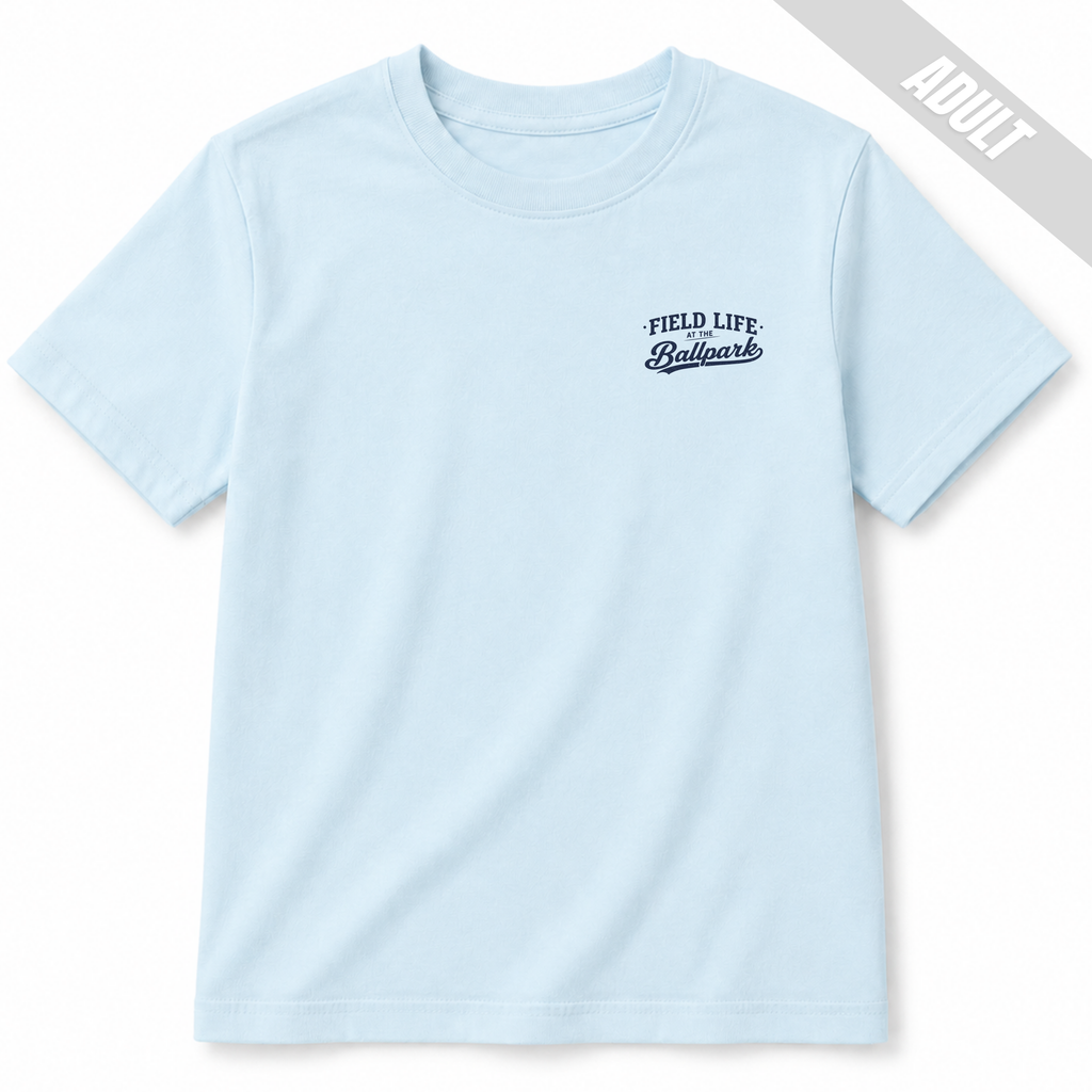 Chambray adult baseball T-shirt with small navy Field Life at the Ballpark left chest graphic.