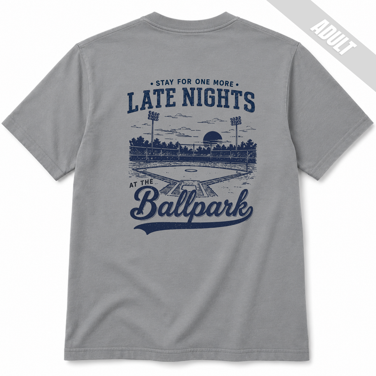 Granite adult baseball graphic T-shirt with navy Late Nights at the Ballpark vintage baseball artwork on the back.