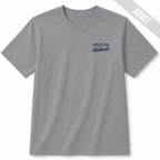 Granite adult baseball T-shirt with small navy Field Life at the Ballpark left chest design.