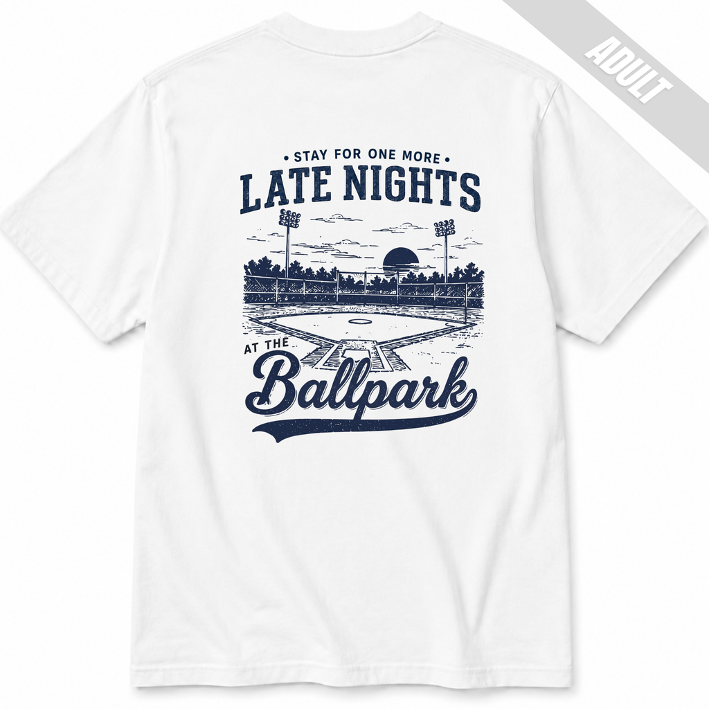 White adult baseball T-shirt featuring the navy Late Nights at the Ballpark vintage baseball design on the back.