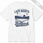 White adult baseball T-shirt featuring the navy Late Nights at the Ballpark vintage baseball design on the back.