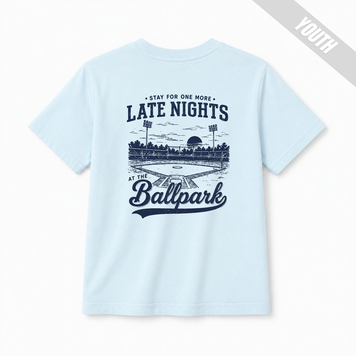 Chambray youth baseball T-shirt with large “Late Nights at the Ballpark” back graphic.