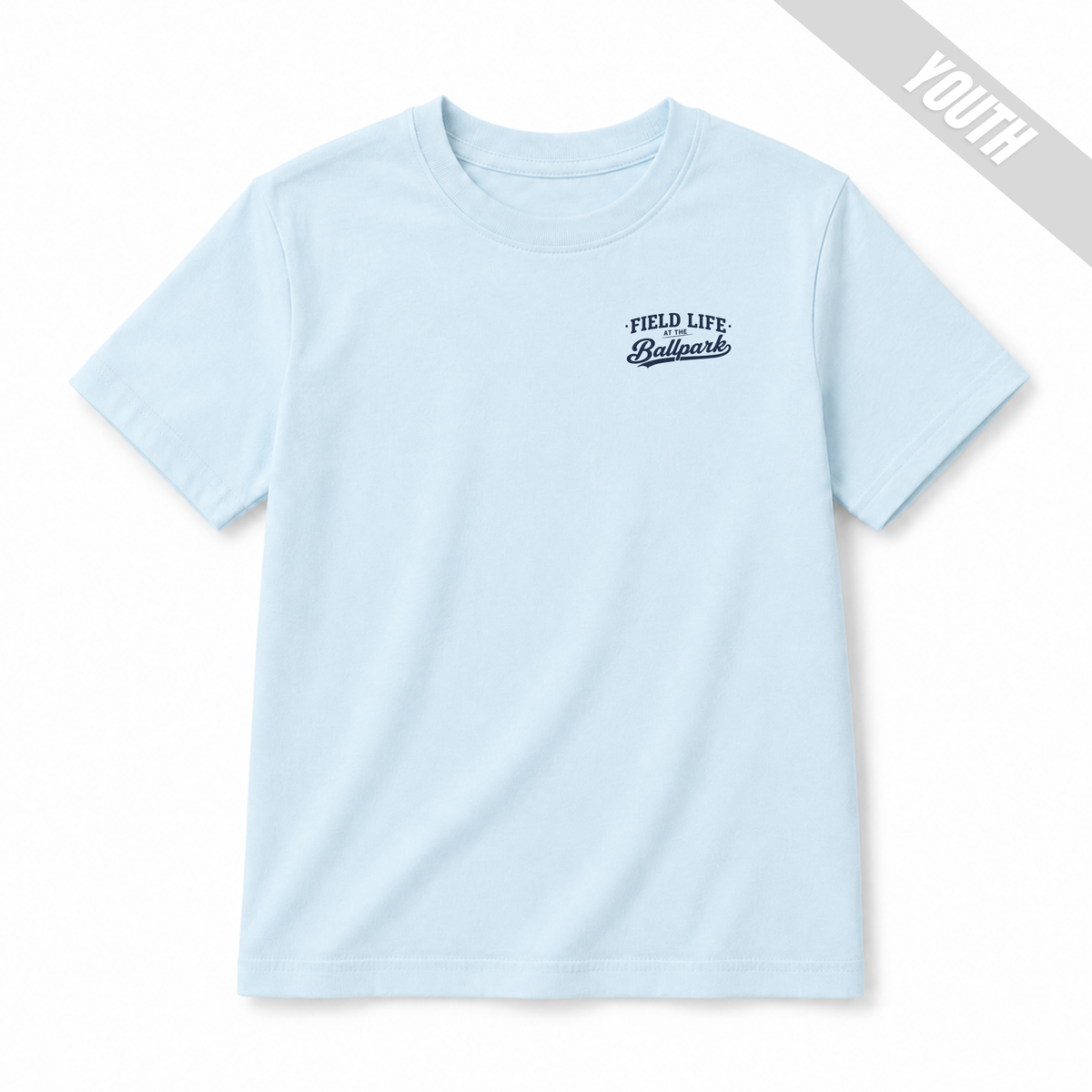 Chambray youth baseball T-shirt with small “Field Life at the Ballpark” left chest design.
