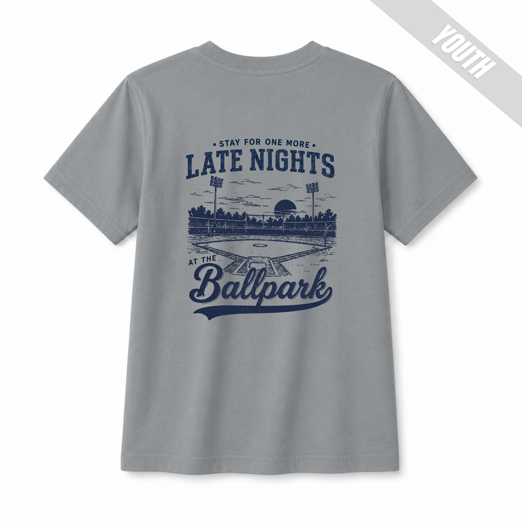 Granite youth baseball T-shirt with large “Late Nights at the Ballpark” back graphic.