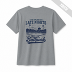 Granite youth baseball T-shirt with large “Late Nights at the Ballpark” back graphic.