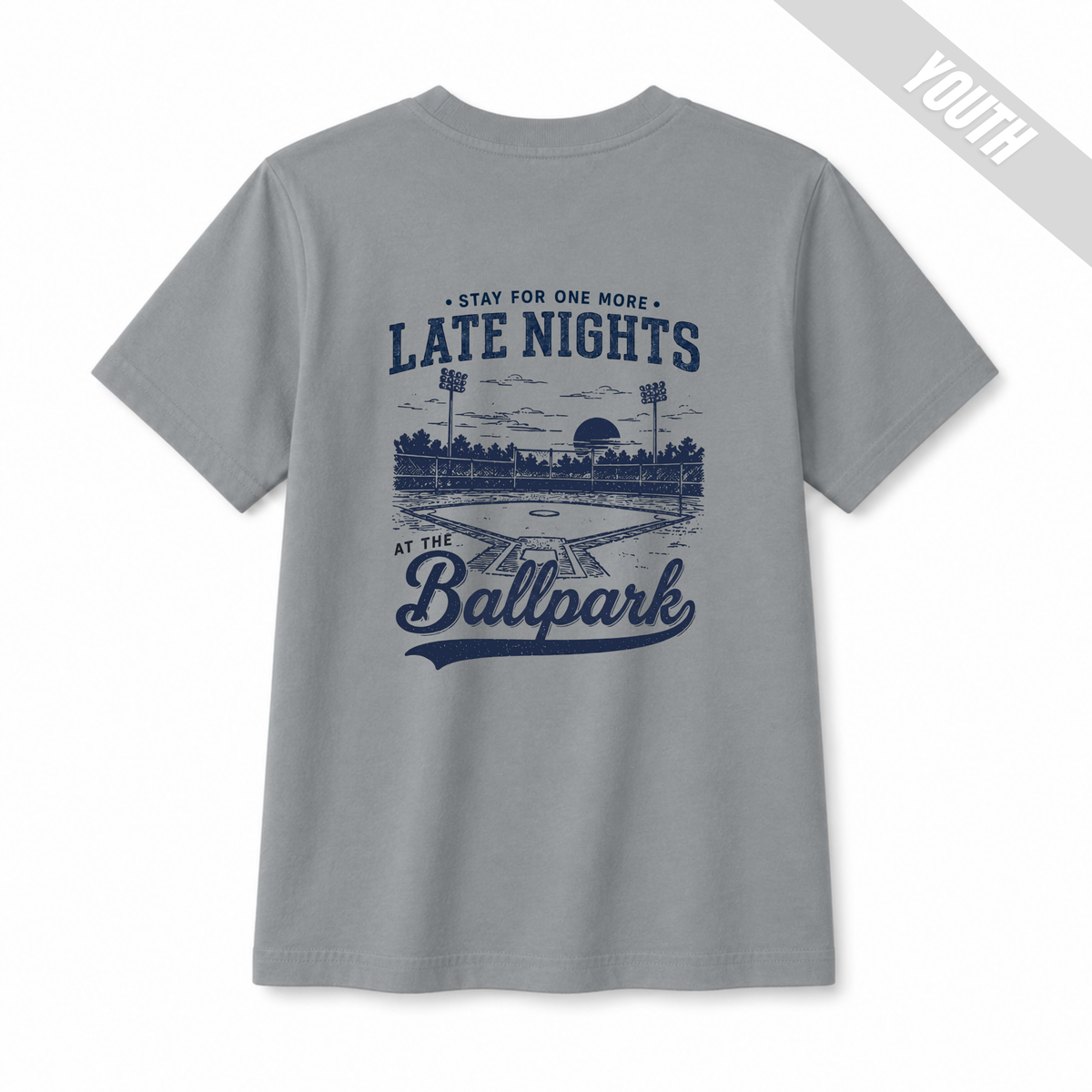 Granite youth baseball T-shirt with large “Late Nights at the Ballpark” back graphic.