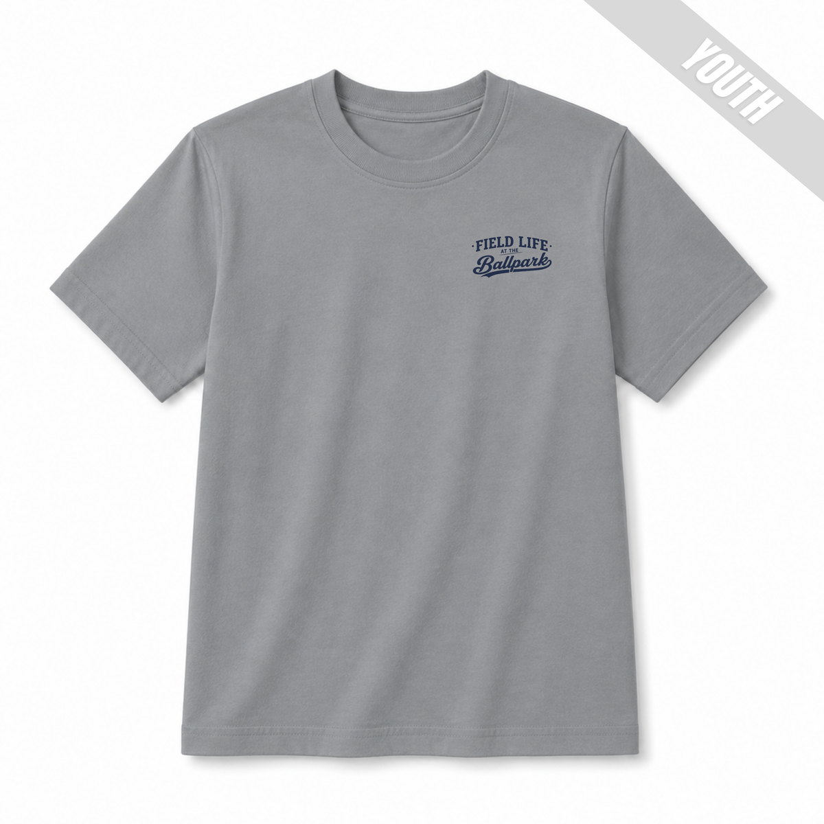 Granite youth baseball T-shirt with small “Field Life at the Ballpark” left chest design.
