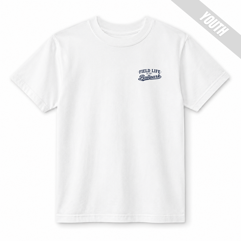 White youth baseball T-shirt with small “Field Life at the Ballpark” left chest design.