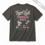 Back view of an adult Pepper baseball T-shirt featuring a large vintage Travel Ball Tournament Nights graphic with palm trees, a team stop sign, and retro road trip tournament details in off-white and pink.