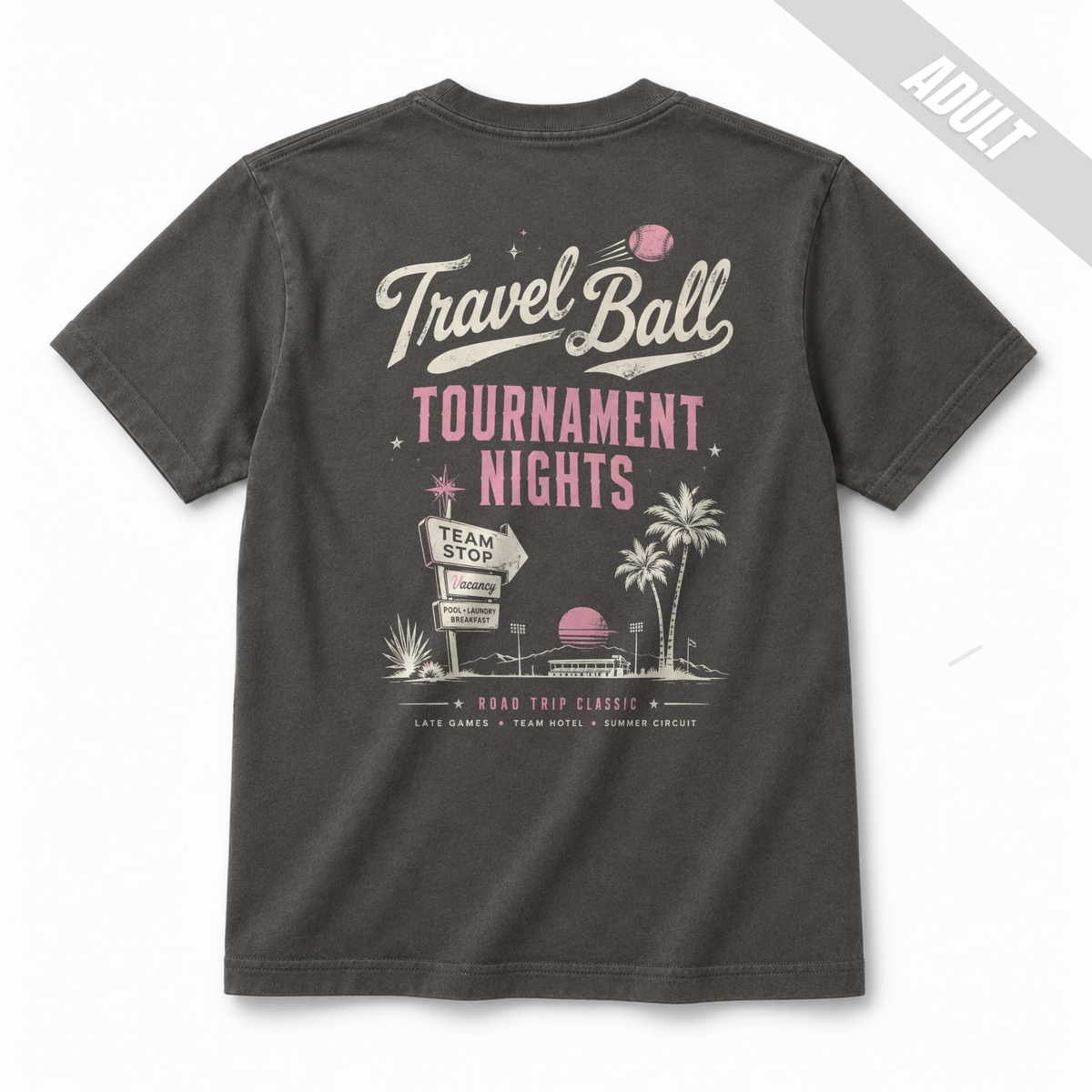 Back view of an adult Pepper baseball T-shirt featuring a large vintage Travel Ball Tournament Nights graphic with palm trees, a team stop sign, and retro road trip tournament details in off-white and pink.