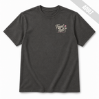 Front view of an adult Pepper travel ball T-shirt with a small left chest Travel Ball Road Trip Classic graphic in off-white and pink.