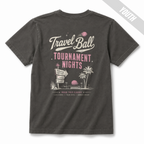 Back view of a Pepper youth baseball T-shirt featuring a large vintage Travel Ball Tournament Nights graphic with palm trees, a team stop sign, and retro ballpark details in off-white and pink.