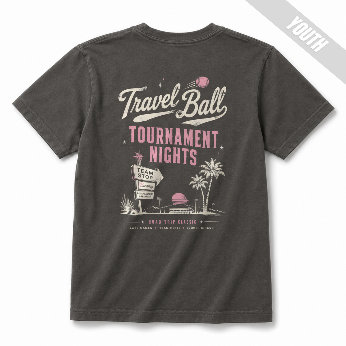 Back view of a Pepper youth baseball T-shirt featuring a large vintage Travel Ball Tournament Nights graphic with palm trees, a team stop sign, and retro ballpark details in off-white and pink.