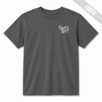 Front view of a Pepper youth travel ball T-shirt with a small off-white and pink Travel Ball Road Trip Classic graphic on the left chest.