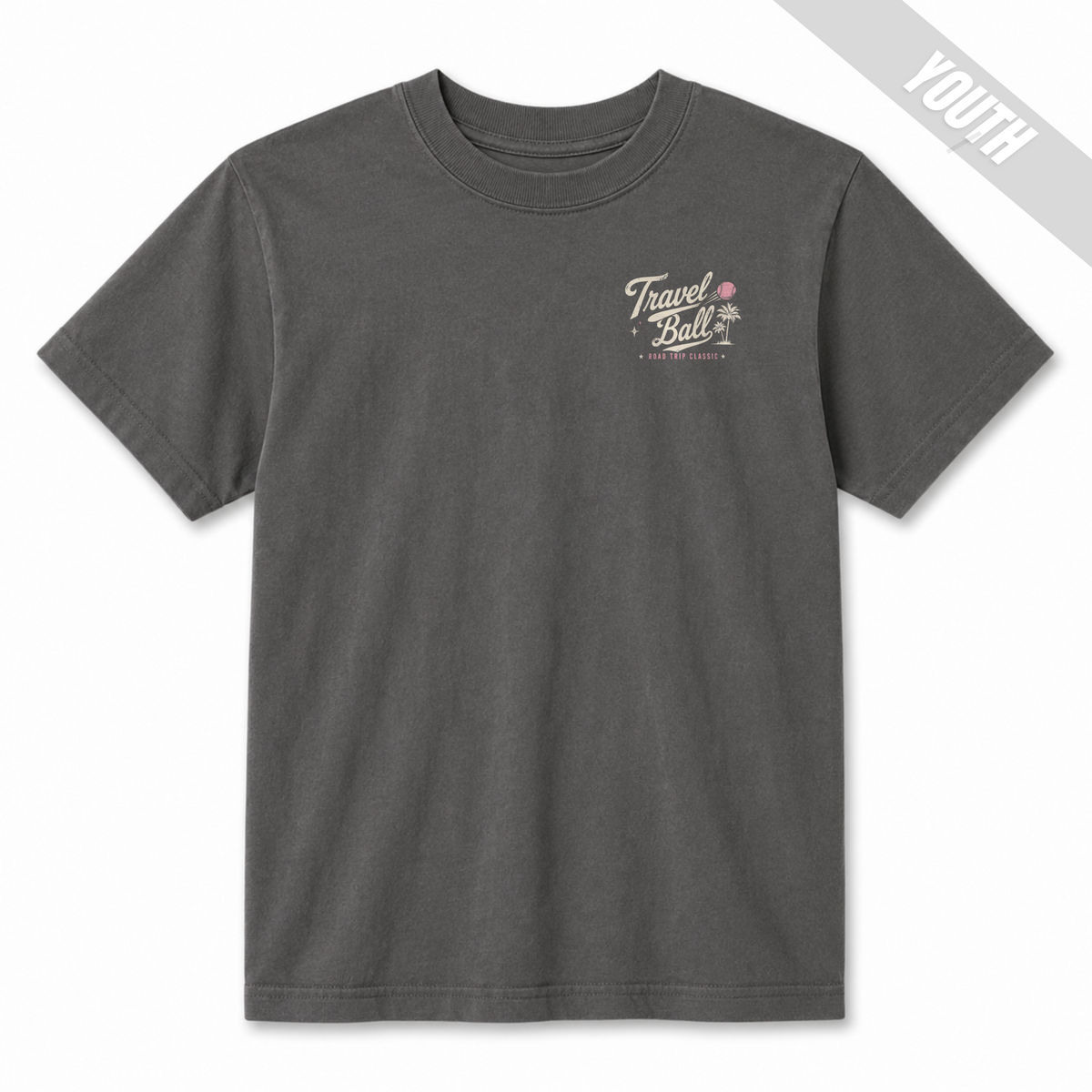 Front view of a Pepper youth travel ball T-shirt with a small off-white and pink Travel Ball Road Trip Classic graphic on the left chest.