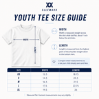 Youth T-shirt size guide with garment measurements and fit notes.