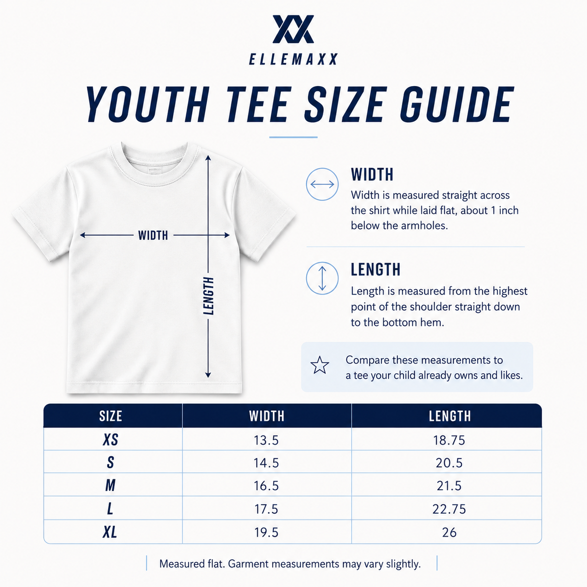 Youth T-shirt size guide with garment measurements and fit notes.
